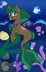 Size: 613x960 | Tagged: safe, artist:starfallarts, derpibooru exclusive, oc, oc only, oc:rosetta spring, fish, jellyfish, seapony (g4), g4, my little pony: the movie, commission, seaponified, seaweed, solo, species swap, underwater
