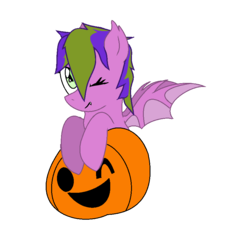 Size: 864x828 | Tagged: safe, artist:semakberry, artist:serenitytamako, oc, oc only, oc:berry bush, bat pony, halloween, holiday, jack-o-lantern, one eye closed, pumpkin, simple background, solo, transparent background, wink