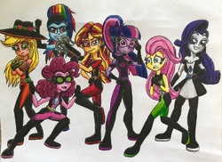 Size: 3270x2386 | Tagged: safe, artist:bozzerkazooers, applejack, fluttershy, pinkie pie, rainbow dash, rarity, sci-twi, sunset shimmer, twilight sparkle, human, equestria girls, g4, agent 47, clothes, goggles, high res, humanized, mane six, simple background, suit, traditional art