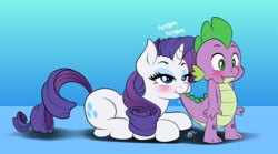 Size: 700x388 | Tagged: safe, artist:pia-sama, rarity, spike, dragon, pony, unicorn, g4, my little pony: the movie, baby, baby dragon, biting, blushing, cute, cutie mark, eyeshadow, female, makeup, male, mare, nom, prone, raribetes, ship:sparity, shipping, signature, smiling, sound effects, spikabetes, straight, tail, tail bite