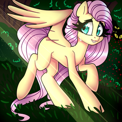 Size: 1000x1000 | Tagged: safe, artist:fazzfuck, fluttershy, pegasus, pony, g4, female, forest, mare, smiling, solo