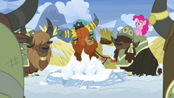 Size: 1280x720 | Tagged: safe, screencap, pinkie pie, prince rutherford, pony, yak, g4, not asking for trouble, hut, snow, unnamed character, unnamed yak