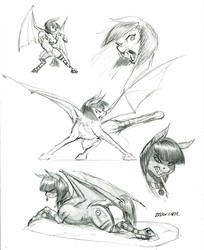 Size: 1100x1347 | Tagged: safe, artist:baron engel, oc, oc only, oc:nightfall, bat pony, pony, bat pony oc, fangs, female, kicking, mare, monochrome, open mouth, pencil drawing, prone, simple background, sketch, solo, traditional art, white background