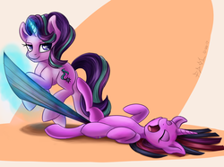 Size: 1024x761 | Tagged: safe, artist:foughtdragon01, starlight glimmer, twilight sparkle, pony, unicorn, g4, crying, dragging, duo, eyes closed, female, grabbing, kicking, magic, mare, on back, open mouth, simple background, smiling, tail, tail pull, telekinesis, whining