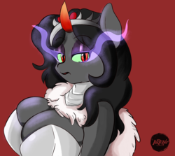 Size: 2300x2055 | Tagged: safe, artist:solratic, king sombra, anthro, g4, armor, big breasts, breasts, busty queen umbra, cleavage, evil, eyeshadow, female, high res, horn, inktober, looking at you, makeup, queen, queen umbra, red background, red eyes, rule 63, simple background, slit pupils, solo, sombra eyes