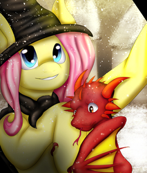 Size: 4000x4700 | Tagged: safe, artist:fandomsoverfall, fluttershy, dragon, pegasus, pony, g4, absurd resolution, crossover, cute, fanart mashup challenge, female, forked tongue, harry potter (series), hogwarts, mare, selfie, shyabetes, tongue out