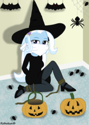 Size: 755x1057 | Tagged: safe, artist:robukun, trixie, equestria girls, g4, arm behind back, bedroom eyes, bondage, cloth gag, clothes, female, gag, halloween, high heels, holiday, implied legs tied, jack-o-lantern, legs tied poorly, pumpkin, rope, rope bondage, shoes, stockings, thigh highs, tied up, witch