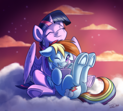 Size: 1500x1352 | Tagged: safe, artist:tsitra360, rainbow dash, twilight sparkle, alicorn, pegasus, pony, g4, cloud, cloudy, cute, cutie mark, duo, duo female, eyes closed, female, floppy ears, hooves up, horn, hug, mare, on a cloud, one eye closed, sitting, sky, smiling, stars, twilight sparkle (alicorn), underhoof, wings, wink