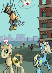 Size: 500x700 | Tagged: safe, artist:noradtwo, shining armor, oc, oc:idol hooves, changeling, earth pony, pony, fanfic:the changeling of the guard, g4, criminal scum, disguise, disguised changeling, falling, fanfic, fanfic art, jumping, justice, manehattan, royal guard, shocked