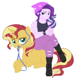 Size: 1675x1725 | Tagged: safe, artist:aerthmanolo, starlight glimmer, sunset shimmer, pony, unicorn, equestria girls, equestria girls specials, g4, beanie, bit, bridle, crossed legs, digital art, equestria girls ponified, female, hat, lesbian, mare, ponified, reins, ship:shimmerglimmer, shipping, simple background, sitting, smug, smuglight glimmer, sunset shimmer is not amused, tack, transparent background, unamused