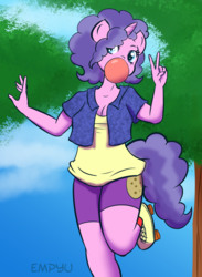 Size: 733x1000 | Tagged: safe, artist:empyu, cookie crumbles, unicorn, anthro, plantigrade anthro, g4, 30 minute art challenge, breasts, bubblegum, busty cookie crumbles, clothes, female, food, gum, mare, missing horn, peace sign, solo, younger