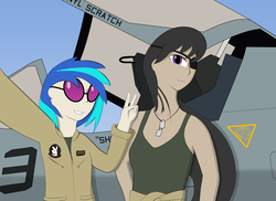 Size: 1940x1416 | Tagged: safe, artist:arcanelexicon, artist:totallynotabronyfim, dj pon-3, octavia melody, vinyl scratch, human, g4, clothes, dog tags, ea-6b prowler, eyepatch, flight suit, humanized, marines, military, peace sign, playboy bunny, selfie, smiling, sunglasses, tank top, uniform