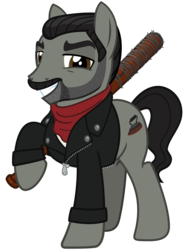 Size: 2400x3200 | Tagged: safe, artist:cheezedoodle96, earth pony, pony, g4, .svg available, baseball bat, clothes, crossover, high res, jacket, leather jacket, lidded eyes, looking at you, lucille, male, neckerchief, negan, ponified, simple background, smiling, smug, solo, stallion, svg, the walking dead, transparent background, vector