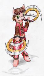 Size: 1554x2639 | Tagged: safe, artist:40kponyguy, derpibooru exclusive, pony, bandana, bipedal, clothes, dynasty warriors, ear piercing, earring, jewelry, looking at you, piercing, ponified, simple background, solo, sun shangxiang, traditional art, weapon, white background