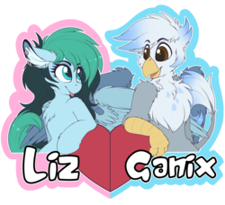 Size: 3196x2909 | Tagged: safe, artist:meggchan, oc, oc only, oc:ganix, oc:liz, griffon, pegasus, pony, badge, chest fluff, claws, couple, cute, floppy ears, fluffy, galiz, heart, heart eyes, high res, interspecies, love, piercing, romantic, shipping, tongue out, wingding eyes