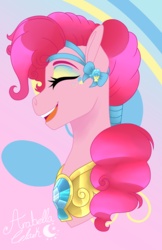 Size: 1436x2216 | Tagged: safe, artist:djspark3, pinkie pie, earth pony, pony, g4, alternate hairstyle, bust, element of laughter, eyes closed, eyeshadow, female, happy, makeup, mare, portrait, signature, solo