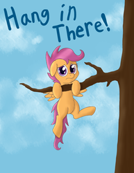 Size: 2975x3850 | Tagged: safe, artist:zaponator, scootaloo, pegasus, pony, g4, female, hang in there, hanging, high res, solo, tree, tree branch