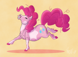 Size: 1000x733 | Tagged: safe, artist:vicnor, pinkie pie, earth pony, pony, shetland pony, g4, colored hooves, female, hoers, prancing, simple background, solo, yellow background