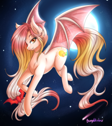 Size: 3568x4000 | Tagged: dead source, safe, artist:bunnywhiskerz, oc, oc only, oc:summer peach, bat pony, pony, bat pony oc, fangs, female, full moon, high res, looking at you, mare, moon, night, solo, stars