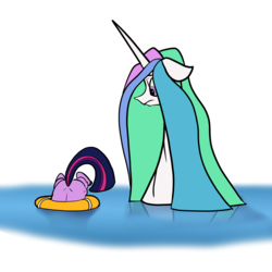 Size: 6000x6000 | Tagged: safe, artist:greyscaleart, princess celestia, twilight sparkle, alicorn, pony, unicorn, the tiny apprentice, g4, absurd resolution, butt, buttstuck, cute, face down ass up, fail, female, filly, filly twilight sparkle, floppy ears, frown, inner tube, life preserver, looking down, mare, plot, silly, silly pony, simple background, stuck, swimming, upside down, water, wet mane, white background, wide eyes, worried, younger