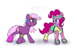 Size: 1771x1152 | Tagged: safe, artist:xbi, cheerilee, pinkie pie, earth pony, pony, g4, 30 minute art challenge, 80s, 80s cheerilee, clothes, female, leg warmers, mare, shorts