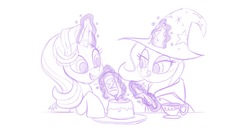 Size: 1920x997 | Tagged: safe, artist:ramivic, artist:trish forstner, starlight glimmer, trixie, oc, oc:vanilla flan, pony, unicorn, g4, baking, cape, clothes, cup, duo, flan, food, fork, glowing horn, happy, hat, horn, magic glow, offscreen character, pudding, teacup, tongue out, trixie's cape, trixie's hat, whipped cream