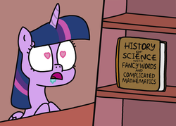 Size: 1612x1152 | Tagged: safe, artist:moonatik, derpibooru exclusive, twilight sparkle, alicorn, pony, g4, bibliophile, book, bookshelf, cargo ship, d:, drool, eyes on the prize, female, frown, heart eyes, history, hooves together, mare, math, nerdgasm, open mouth, science, ship:twibook, shipping, simple background, solo, that pony sure does love books, that pony sure does love science, twilight sparkle (alicorn), wide eyes, wingding eyes