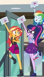 Size: 522x909 | Tagged: safe, screencap, rainbow dash, sci-twi, sunset shimmer, twilight sparkle, human, equestria girls, g4, my little pony equestria girls: better together, the finals countdown, a+, a++, a-, boots, clothes, converse, cropped, egghead, eyes closed, female, geode of empathy, geode of super speed, glasses, grades, high heel boots, how, intelligence, intelligent, jacket, leather jacket, magical geodes, nerd, offscreen character, ponytail, shoes, skirt, smart, socks, success, test