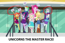 Size: 1920x1268 | Tagged: safe, screencap, applejack, fluttershy, pinkie pie, rainbow dash, rarity, sci-twi, sunset shimmer, twilight sparkle, equestria girls, g4, my little pony equestria girls: better together, the finals countdown, a, a+, a++, a-, armpits, arms in the air, clothes, converse, dress, female, fluttershy boho dress, geode of empathy, geode of shielding, geode of sugar bombs, geode of super speed, geode of super strength, glasses, hands in the air, humane five, humane seven, humane six, legs, magical geodes, master race, ponytail, racism, rarity peplum dress, shoes, skirt, sleeveless, sleeveless dress, test paper, unicorn master race