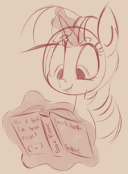 Size: 437x589 | Tagged: safe, artist:miisua, twilight sparkle, g4, book, female, magic, monochrome, smiling, solo, telekinesis, that pony sure does love books