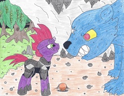 Size: 2185x1695 | Tagged: safe, artist:jamestkelley, tempest shadow, bear, pony, unicorn, ursa, ursa minor, g4, my little pony: the movie, angry, cave, confrontation, everfree forest, female, mare, reunion, traditional art