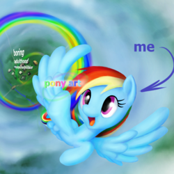 Size: 900x900 | Tagged: safe, artist:stratodraw, edit, rainbow dash, pegasus, pony, g4, female, flying, mare, ponyville, smiling, solo