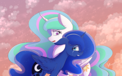 Size: 1920x1200 | Tagged: safe, artist:laptop-pone, princess celestia, princess luna, alicorn, pony, g4, alicorns only, cloud, cloudy, crying, duo, duo female, ear fluff, female, floppy ears, looking at you, mare, missing accessory, open mouth, reunited, royal sisters, sisters