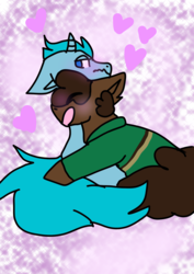 Size: 1000x1414 | Tagged: safe, artist:php115, derpibooru exclusive, earth pony, pony, unicorn, abstract background, blushing, floating heart, gay, heart, jerry smith, male, medibang paint, phone art, ponified, rick and morty, rick sanchez, rickjerry, stallion, tsundere