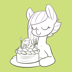 Size: 1800x1800 | Tagged: safe, artist:kaikoinu, limestone pie, earth pony, pony, g4, birthday, birthday cake, bust, cake, eyes closed, female, food, green background, mare, simple background, smiling, solo