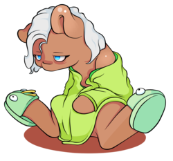 Size: 1033x961 | Tagged: safe, artist:lucky-jacky, oc, oc only, oc:ka ching, earth pony, pony, bathrobe, clothes, robe, simple background, sitting, sleepy, slippers, solo, tired, transparent background