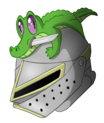 Size: 521x617 | Tagged: safe, artist:whyena, gummy, alligator, g4, helmet, male, not salmon, simple background, solo, sword, transparent background, wat, weapon