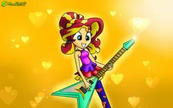 Size: 1280x800 | Tagged: safe, artist:9987neondraws, sunset shimmer, equestria girls, g4, bad guitar anatomy, clothes, female, guitar, musical instrument, sleeveless, solo