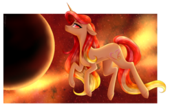 Size: 3221x2041 | Tagged: safe, artist:ohhoneybee, oc, oc only, oc:pretty shine, pony, unicorn, female, high res, macro, mare, moon, pony bigger than a planet, solo, space