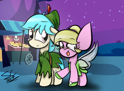 Size: 565x419 | Tagged: safe, artist:sugarcloud12, oc, oc only, oc:cherry, oc:lance, pony, clothes, colt, costume, cute, female, filly, male, nightmare night costume, ocbetes, peter pan, tinkerbell