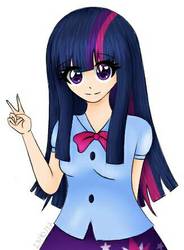 Size: 325x441 | Tagged: safe, artist:kawurin, twilight sparkle, human, g4, anime style, clothes, equestria girls outfit, female, humanized, peace sign, simple background, solo, white background