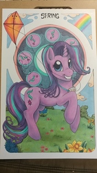 Size: 1836x3264 | Tagged: safe, artist:helicityponi, starlight glimmer, pony, unicorn, g4, cloud, cute, cutie mark, featured image, female, flower, glimmerbetes, grass, grin, jewelry, kite, looking at you, mare, modern art, mouth hold, necklace, nouveau, rainbow, rearing, smiling, solo, that pony sure does love kites, traditional art