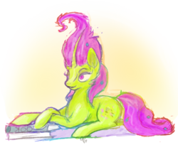 Size: 1370x1119 | Tagged: safe, artist:overlord pony, derpibooru exclusive, oc, oc only, oc:nuclear blossom, pony, unicorn, androgynous, book, colored, happy, lying down, nonbinary, simple background, sketch, solo