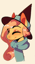Size: 625x1131 | Tagged: safe, artist:glamborous, fluttershy, g4, bust, clothes, eyes closed, female, hat, mare, scarf, simple background, smiling, solo, tongue out, witch hat