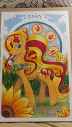 Size: 1152x2048 | Tagged: safe, artist:helicityponi, sunset shimmer, pony, unicorn, g4, beautiful, female, flower, looking at you, mare, modern art, nouveau, solo, sunflower, traditional art