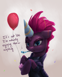 Size: 800x1000 | Tagged: safe, artist:vanillaghosties, tempest shadow, pony, unicorn, g4, my little pony: the movie, balloon, broken horn, confetti, cupcake, dialogue, eye scar, female, floppy ears, food, hat, hoof hold, horn, looking at you, mare, party hat, party horn, scar, simple background, solo, tempest gets her horn back, tempest the birthday guest, tsundere, tsundere shadow