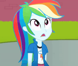 Size: 524x448 | Tagged: safe, screencap, rainbow dash, equestria girls, g4, my little pony equestria girls: summertime shorts, subs rock, animated, clothes, collar, collar shirt, cute, dashabetes, embarrassed, female, gif, hair, implied principal celestia, nervous, nervous laugh, nervous smile, rainbow dash's shirt with a collar, shirt, shirt with a collar, skirt, smiling, t-shirt, teenager