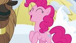 Size: 1280x720 | Tagged: safe, screencap, pinkie pie, pony, yak, g4, not asking for trouble, happy, snow, solo focus, unnamed character, unnamed yak