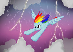 Size: 3035x2149 | Tagged: safe, artist:neoshrek, rainbow dash, pegasus, pony, g4, cloud, eyebrows, female, flying, frown, high res, lightning, mare, rain, solo, spread wings, wings