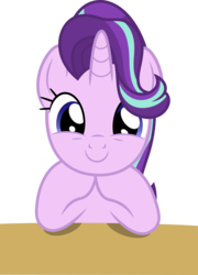 Size: 3593x5000 | Tagged: safe, artist:dashiesparkle, starlight glimmer, pony, unicorn, g4, uncommon bond, bust, cute, female, glimmerbetes, hair flip, hair over one eye, horn, looking at you, mare, simple background, smiling, solo, table, transparent background, vector